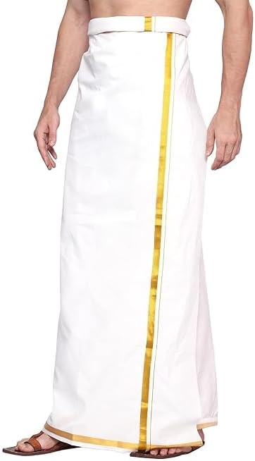 Global Traditional Men’s White Cotton Mundu/Dhoti with Golden Border – South Indian Ethnic Wear