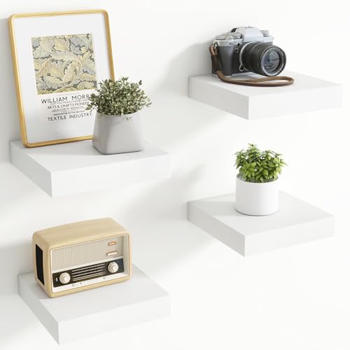 Image of Axeman Square Floating Shelves for Wall, 8 inch W x 8 inch D x 1.4 inch H Rustic Wooden Shelves, 4 Pack Wall Mounted Floating Shelf with Invisible Brackets for Living Room, Bathroom, Kitchen, White Color