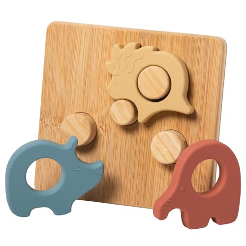 Image of Mary Meyer Baby and Toddler Toys Simply Silicone Sorting Puzzle with Bamboo Base for 12+ Months Old Preschool Gifts, 7 x 6-Inches, Safari Animals