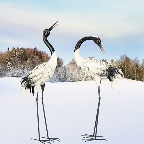 Chisheen Garden Crane Statues Outdoor Heron Red Crowned Crane Metal Yard Art Sculpture,Set Of 2 thumb #5