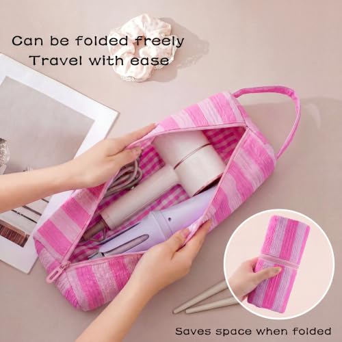 Image of RSRSLEII Striped Hair Tools Travel Bag,Hair Styling Accessories Storage Case for Shark FlexStyle,Dyson Airwrap Hair Dryer,Curling Iron,Straightener,Revlon Hair Tools,Portable&Foldable(15Rose Red&Pink)