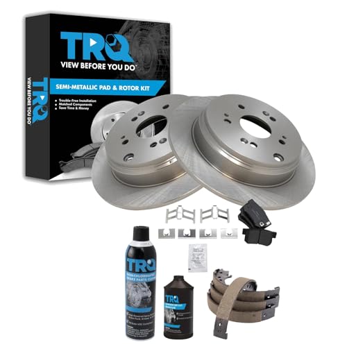 Image of TRQ Rear Brake Pad & Rotor Kit, with Chemical Kit Parking Brake Shoe Set Semi-Metallic Compatible with 2007-2012 Acura RDX