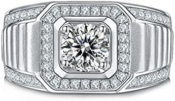 Gem's Beauty Moissanite Men's Rings 925 Sterling Silver White Gold Plated Wedding Ring 6.5mm1.0ct D Color Moissanite Engagement Ring Diamond Rings For Man Wedding Fine Jewelry(Size 9