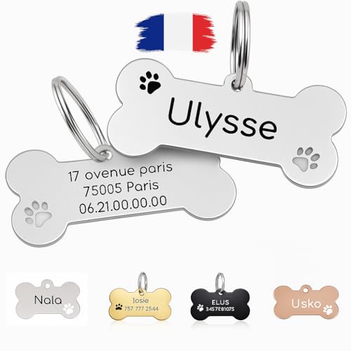 Médaille Chien et Chat personnalisée pour animaux compagnie, Médaille chien en forme d'os avec gravure personnalisable, Plaque d'identification avec nom et...