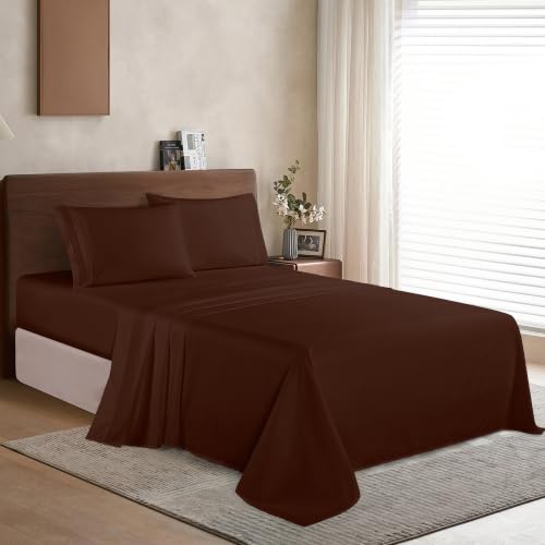Image of Elegant Comfort 4-Piece Bed Sheet Set Luxury 1500 Premier Hotel Quality Wrinkle,Fade and Stain Resistant, King Chocolate Brown