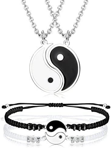 4 Pieces Matching Bracelets Yin Yang Necklace Set for Couples Best Friend , Adjustable Waterproof Handmade Cord Relationship Bracelets for Friendship Boyfriend Girlfriend