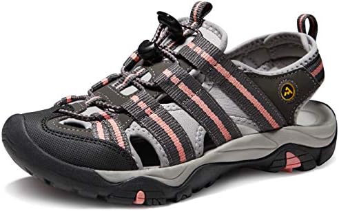 ATIKA Women Athletic Outdoor Sandal, Closed Toe Lightweight Walking Water Shoes, Summer Sport Hiking Sandals, All Terrain Orbital(w107) - Grey & Coral, 8