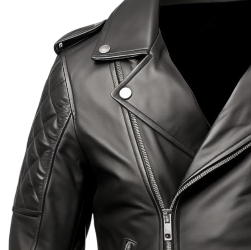 Mens Black Real Lambskin Leather Biker Jacket | Asymmetric Zip | Quilted Sleeves | Belted Slim Fit | Classic Style3