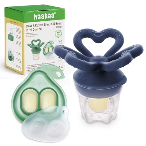 Image of Haakaa Clover Baby Fruit Feeder Teether & Mini Freezer Nibble Tray – BPA-Free Silicone Breastmilk Popsicle Mold for Baby Teething Relief & Self-Feeding, 4M+ (Steel Blue)