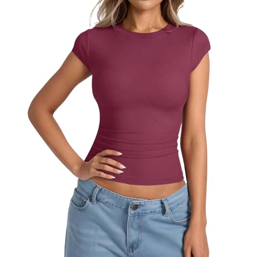 Camiseta básica de manga corta para mujer, corte ajustado, cuello redondo, elegante, sencilla, transpirable, ropa de verano, cómoda, elástica, monocolor, camiseta de verano