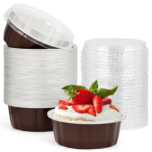 Beasea 8oz Disposable Ramekins, 50 Pack Aluminum Foil Cups with Lids, Baking Ramekin Cup Souffle Cup Muffin Cupcake Baking Cup Mini Pudding Cups for Party Wedding Birthday - Coffee Brown by Beasea - Used condition - US$15.18