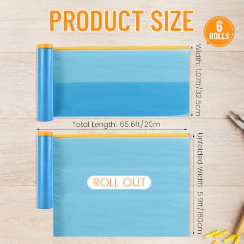 Image of 6 Rolls 71 inch x 66' Pre-Taped Masking Film, Painters Plastic Sheet, Plastic Drop Cloth for Painting, Tape and Drape for Automotive Covering and Appliance Protection