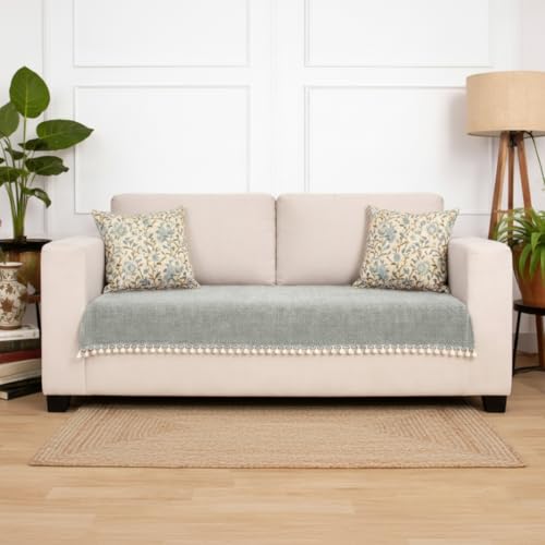 Image of HOMEMONDE 3 Seater Sofa Cover with Tassels |Soft, Durable & Textured Chenille Fabric with Tassels | Sofa Cover Mats for Living Room, Bedroom, Drawing Room & Office (76 X 178 CM, Silver Grey)