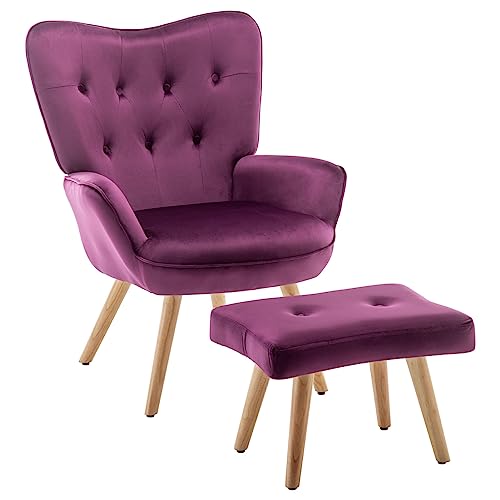 HollyHOME Fauteuil avec Repose Pied Scandinave Fauteuil de Salon Relax Chaise Velours Fauteuils D'appoint en Bois Fauteuils de Lecture pour Chambre à Coucher, Violet