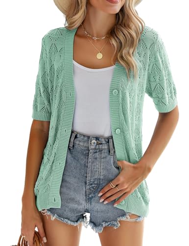 Image of Zeagoo Women's Short Sleeve 2024 Summer Crochet Cropped Cardigan V Neck Button up Bolero Shrug Sweater Mint Green, Large