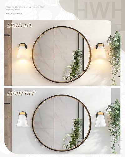 Image of Set of 2 Wall Sconces for Bathroom, HWH 1-Light Bathroom Vanity Light with Frosted Milk White Striped Glass, Indoor Wall Mount Lighting Fixtures, Black and Gold Finish, 5HZG97B-2PK BK+BG