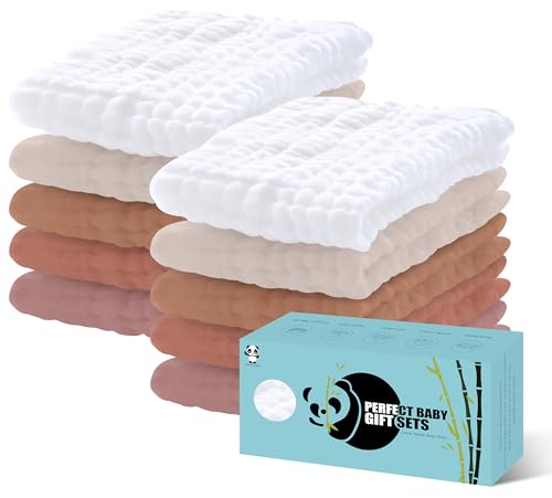 Image of HIPHOP PANDA 10 Pack 6-Layers Muslin Burp Cloths Large - Durable 100% Cotton - Extra Absorbent and Soft Boys & Girls Rags for Newborn Registry (White+Bean Paste Series, 20" X10")