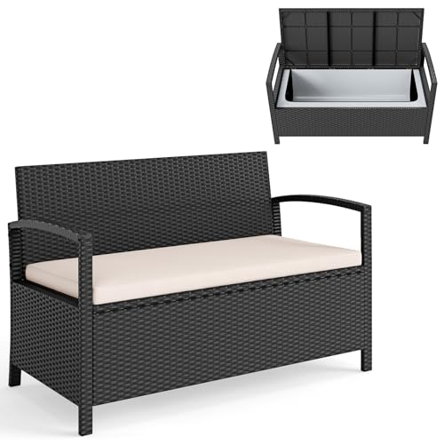 COSTWAY 2 en 1 Banc Coffre Exterieur en Rotin PE, Banc de Jardin 2 Places avec Coussin, Coffre de Rangement 160L, Banquette pour Parc Balcon Terrasse, Charge...