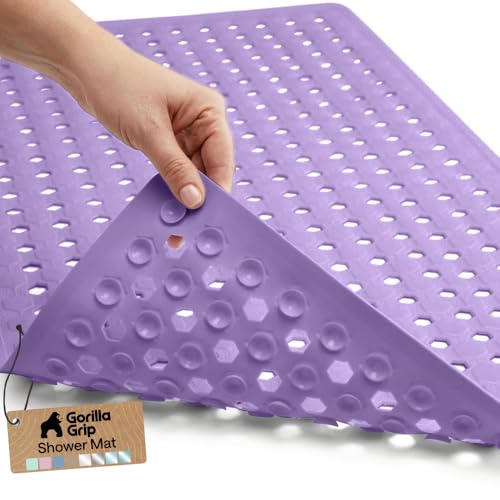 Image of GORILLA GRIP Patented Bath Tub Shower Mat, Machine Washable Bathtub Floor Liner Mats, Suction Cups and Drain Holes to Keep Tubs Clean, Soft on Feet, Bathroom Essentials, 35x16 Inch, Purple Opaque
