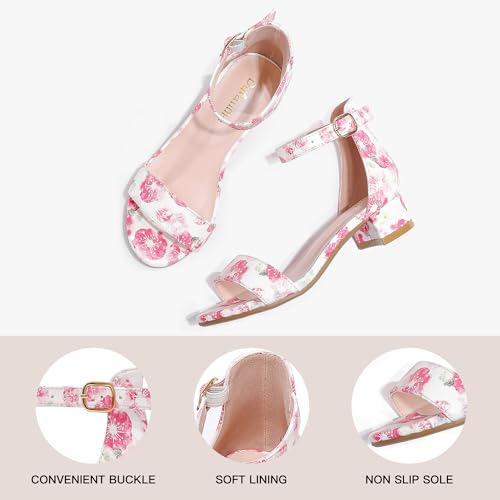 Image of Dufannie Girls Sandals Low Heels Dress Pump Ankle Strap Open Toe Flower Girl Wedding Party for Toddler Little Big Kid