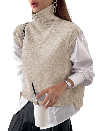 Naileksi Women Turtleneck Crop Sweater Vest Sleeveless High Neck Solid Loose Fit Knitted Causal Jumper Top Streetwear Apricot