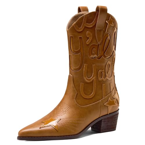 Image of Metallic Cowboy boots for Women Embroidered Mid Calf Womens Cowgirl Boots Western Pointed Toe Chunky Heel