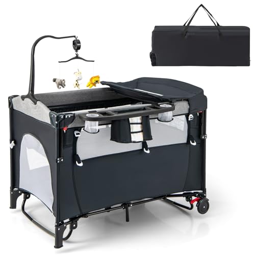 GOPLUS Cuna de Viaje Bebe 5 en 1 con Cambiador, Colchón, Juguetes Colgantes, Caja de Música, Altura Ajustable, Ruedas, Centro de Actividad, Cama Plegable para Bebé 0 3 Años, Carga 15 kg (Negro)