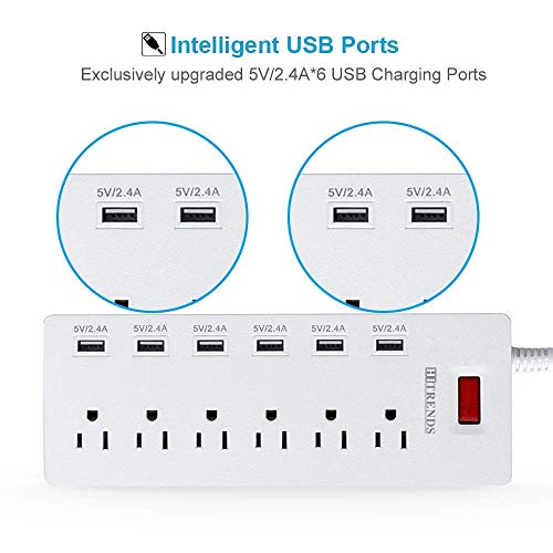 Hitrends Power Strip Surge Protector 6 Outlets With 6 Usb Ports & 8 Ports Usb Charging Station - White #TOP2