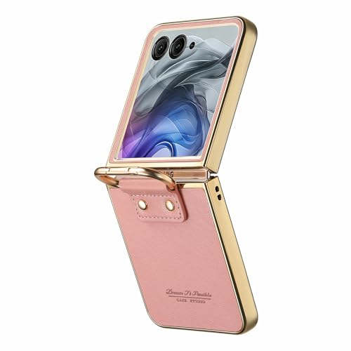 Image of for Motorola Razr 50 Ultra 5G Case Electroplating Leather Coated PC Phone Cover with Spring Ring Buckle Kickstand - Pink