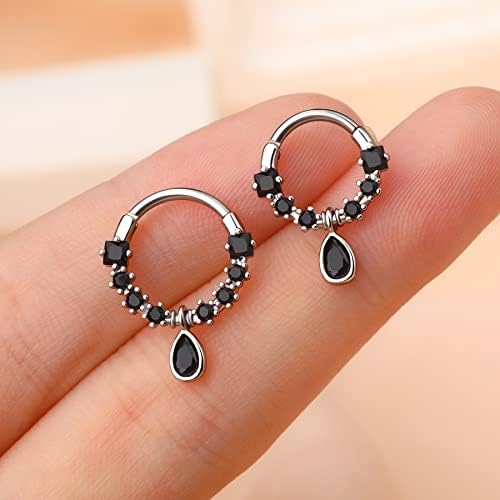 Melighting 16G Helix Earrings Hinged Segment Ring Black Gem Septum Rings Dangle Teadrop Septum Piercing Jewellery Cartilage Daith Earrings Daith Piercing Jewellery