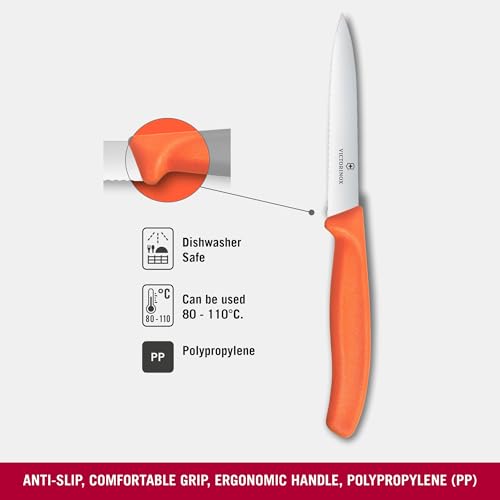 Image of Victorinox Swiss Made Stainless Steel Swiss Classic Paring Knife, 10 cm, Serrated Edge with Pointed Tip, Professional and Household Kitchen Tools, Kitchen Items, Orange, 6.7739.C1 | Multipurpose Knife
