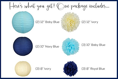 Just Artifacts Decorative Paper Party Pack (15pcs) Paper Lanterns and Pom Pom Balls - Ivory/Blues - Paper Lanterns and Décor for Birthday Parties, Baby Showers, Weddings and Life Celebrations!