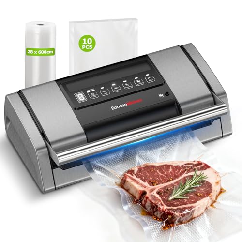 Bonsenkitchen Vacuum Sealer for Food, Easy-Lock Handle Vacuum Sealer Machine with Bag Clip, Built-in Cutter and Bag Storage for Sous Vide and Meal Prep, 1 Roll Bag & 10 Pre-Cut Bags, Silver