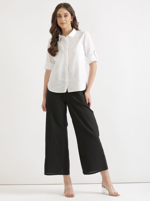 Image of SAADAA Women's Relaxed Fit Mid Rise Airy Linen Wide Leg Pants, High Waist Trousers for Formal, Casual & Office Wear