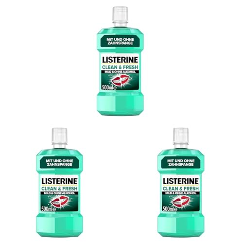 LISTERINE Clean & Fresh (500 ml), antibakterielle Mundspülung mit ätherischen Ölen, Mundwasser ohne Alkohol, perfekte Ergänzung zur täglichen Zahnpflege mit und ohne Zahnspange (Packung mit 3)