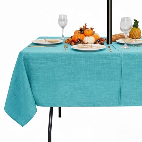 LUSHVIDA Tovaglia per esterni con foro per ombrello, tovaglia rettangolare con cerniera, 152 x 250 cm, color foglia di tè, in finto lino, resistente all'acqua, per picnic all'aperto