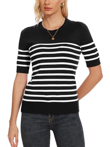 Image of Spicy Sandia Women's Short Sleeve Sweater Casual Knit Pullover Top for Summer Lightweight Black and White Striped 2XL