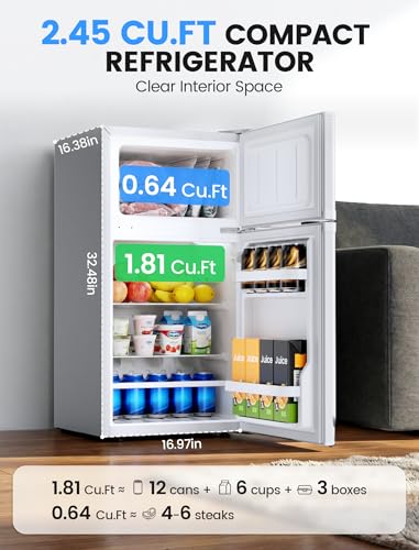 Image of COWSAR 2.5 Cu.Ft Mini Fridge with Freezer, Double Reversible Door Compact Apartment Refrigerator with 2 Removable Shelves, Commercial Dorm Fridge for Bedroom, Office, Kitchen, Dorm, White