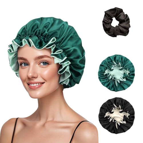 2Pcs Double Layer Satin Silk Bonnet Adjustable Hair Bonnet for Sleeping Cap for Women Curly Natural Hair Black Dark Green
