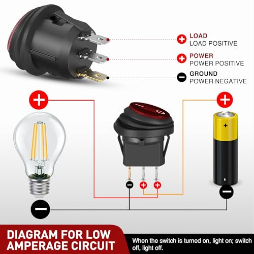 Image of Nilight 5Pcs Round Rocker Toggle Red LED Switch with Locked Terminal Wires