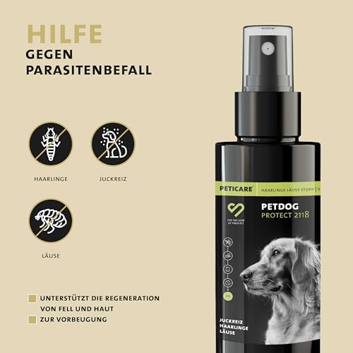 Peticare Anti-Läuse & Haarlinge Spray für Hunde | Spezial-Mittel lindert effektiv Juckreiz & unterstützt Regenerationsprozess | einzigartiges PRS® System für Lange Wirkung – petDog Protect 2118