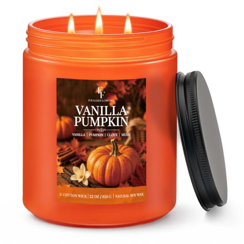 Image of Large Fall Candle Vanilla Pumpkin Scented, 3-Wick 22oz Long Lasting