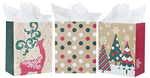 Loveinside Sacs-Cadeaux - Sacs En Papier Kraft De Noël Parfaits Pour Les Cadeaux De Noël - Paquet De 3 Sacs-Cadeaux, 9 Feuilles De Papier De Soie Cover