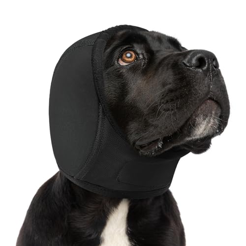 Image of Dog Calming Hoodie Dog Ear Wrap Noise Protection Ear Muffs for Dogs | Water Resistant Ear Cover Anxiety Relief, for Firework, Grooming, Thunderstorms, Swimming, Bathing, Black S