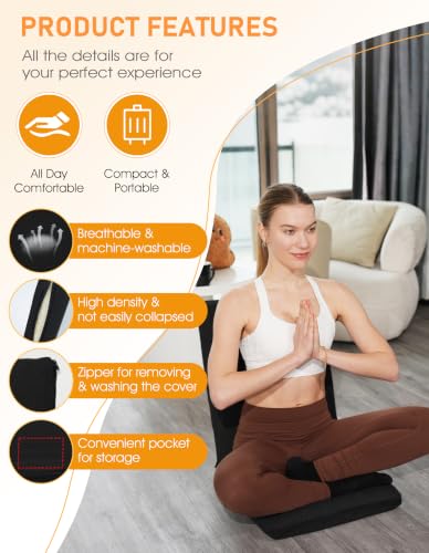 Image of FASTMOMENT Floor Chair with Back Support Adjustable Meditation Chair with 14 Positions Portable Ground Seating for Adults Foldable Floor Seat for Meditation Yoga (Thicker Sponge Version, Black)