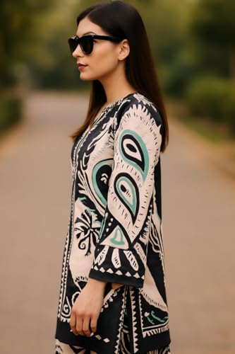 Image of Co-ord Set for Women | Japan Satin Silk with Stylish Digital Prints | Full Sleeves Top (38 inch) & Palazzo Pants (40 inch) | Elegant Daily & Casual Wear | Black and Cream