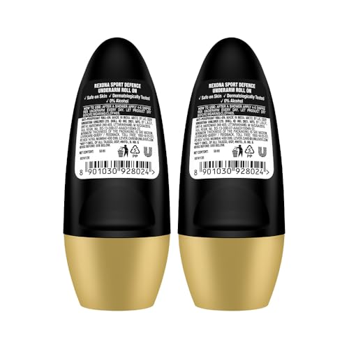 Image of Rexona Men Sport Defence Underarm Roll-On Deodorant | 72 Hours Odour Protection with Fresh Masculine Scent | 50ML (Combo Pack of 2) | 0% Alcohol, Safe on Skin