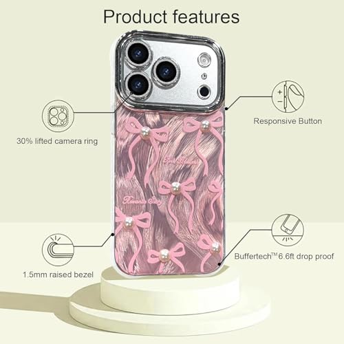 Image of VONZEE Compatible with iPhone 17 Pro Max 6.9'' Case Luxury Pink Girly Cute 3D Bow Pearl Glitter Bling Case with Full Camera Protection Shockproof PC+TPU Glossy Shiny Cover for Girls Women, Pink