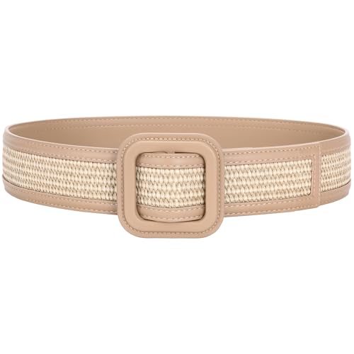 TRIWORKS Straw Woven Belts for Women Wide Waist Leather Boho Briaded Belt NoHole Adjustable for Dresses