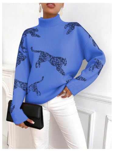 Image of WDIRARA Women's Leopard Tiger Print Sweater High Neck Long Sleeve Fuzzy Knitted Pullover Top